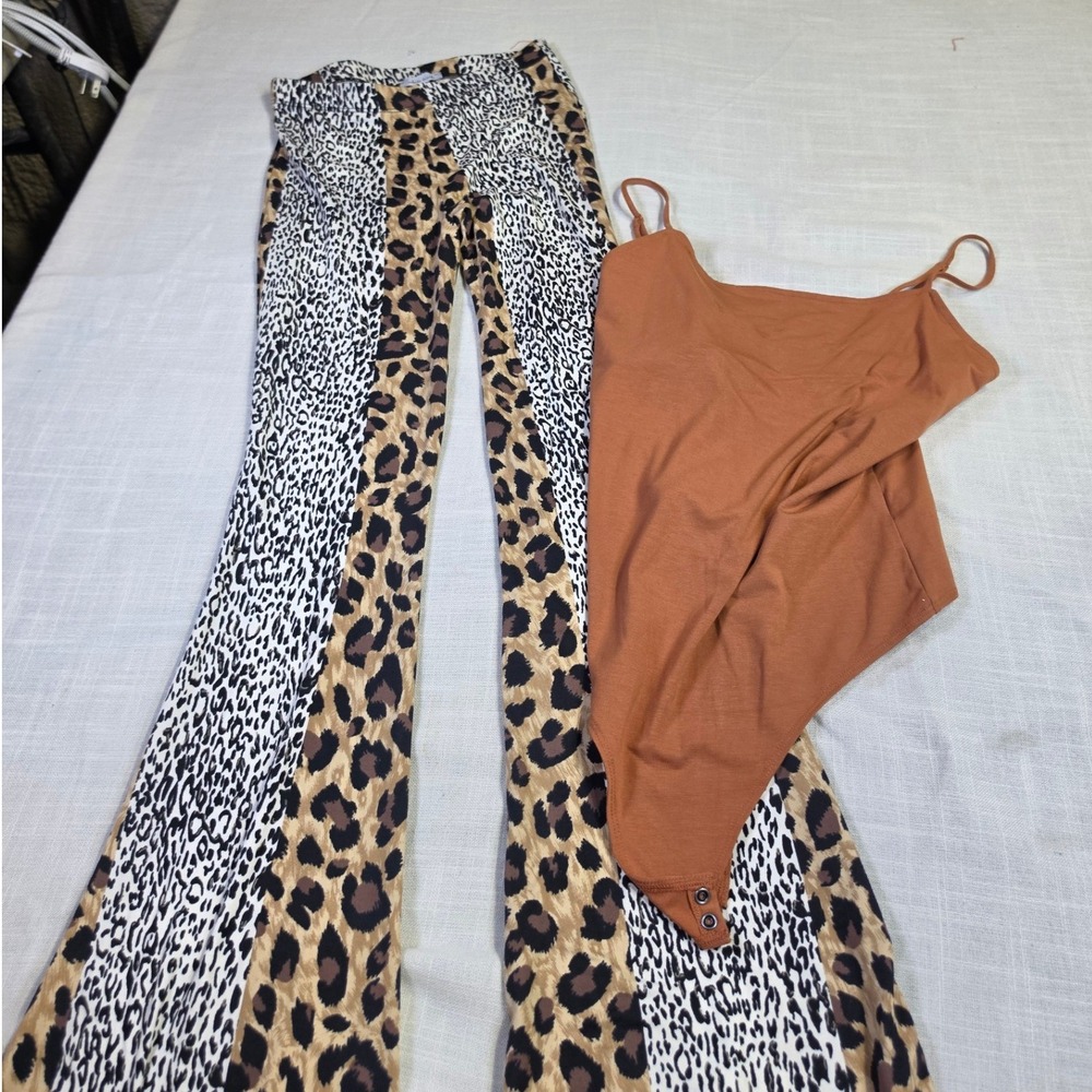 American Eagle Bodysuit & White Birch Leopard Print Flare Pants Set Rust Brown